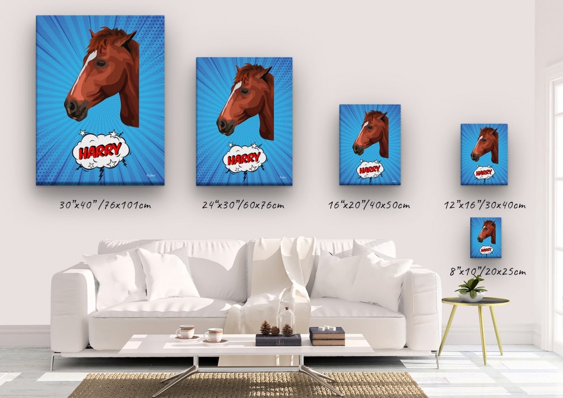 pop art pet portrait illustrations horse blue blast canvas size comparison
