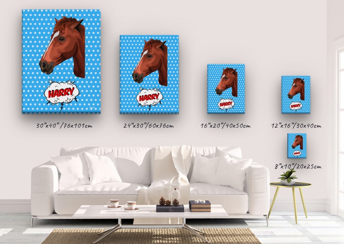 Custom Pop Art Style Horse Portrait - Pet illustration from photo - Blue dots Canvas 23 pop art pet portrait illustrations horse blue dots canvas size comparison