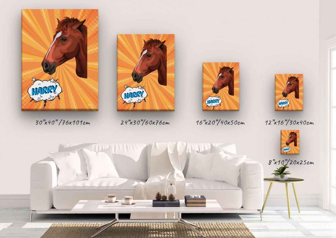 Custom Pop Art Style Horse Portrait - Pet illustration from photo - Orange blast Canvas 23 pop art pet portrait illustrations horse orange blast canvas size comparison