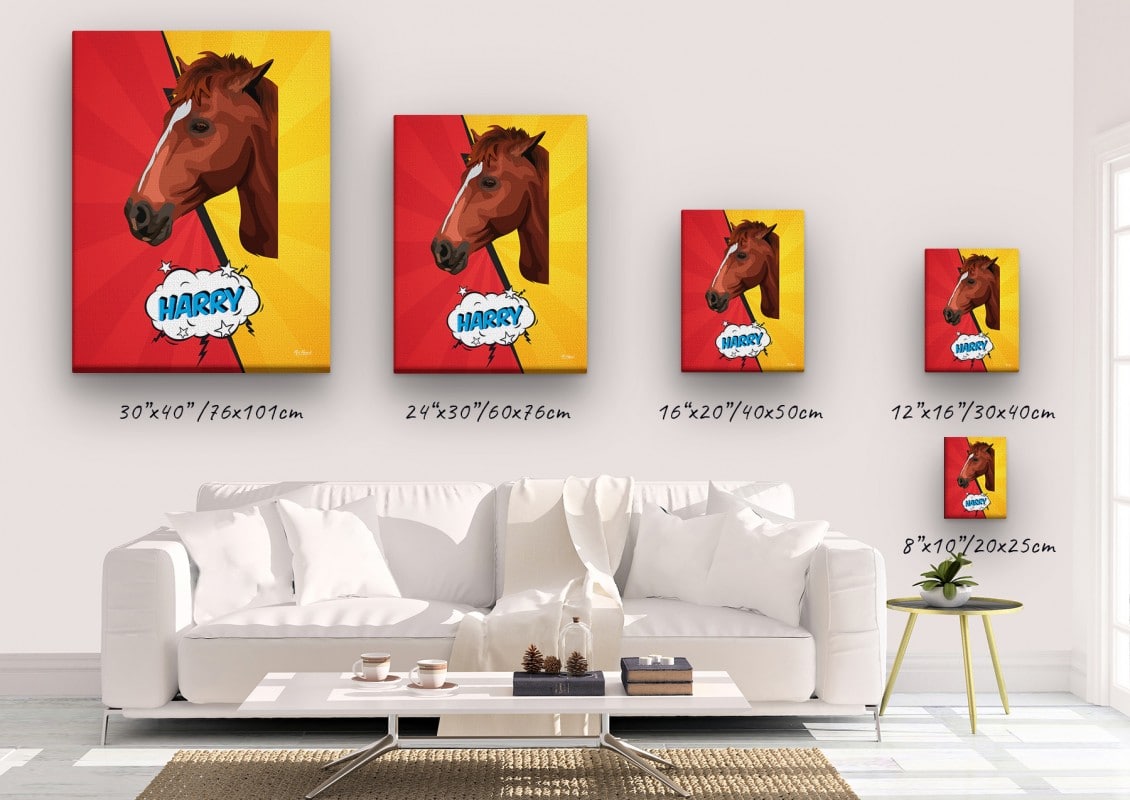 pop art pet portrait illustrations horse red yellow split canvas size comparison