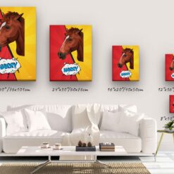 pop art pet portrait illustrations horse red yellow split canvas size comparison