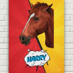 pop art pet portrait illustrations horse red yellow split front view white bricks