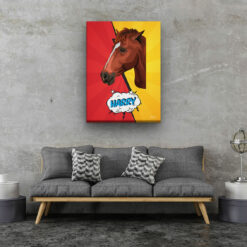 pop art pet portrait illustrations horse red yellow split living room