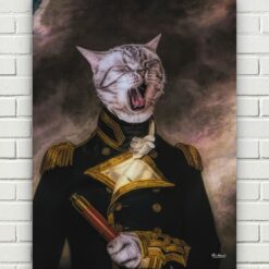 The Captain - Renaissance Cat canvas portrait from photo 15 renaissance cat canvas captain painting white front view white bricks