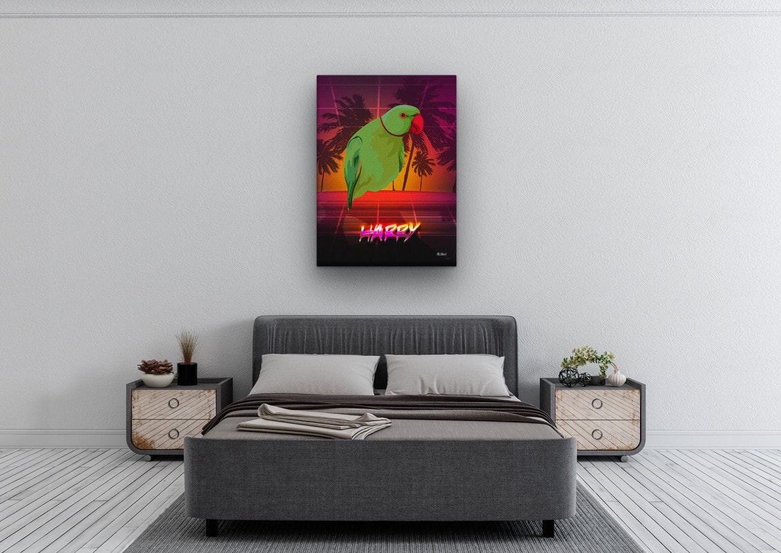Custom Retro Arcade Style Bird Portrait - Pet illustration from photo - California Canvas 24 retro arcade pet portrait illustrations bird california bedroom