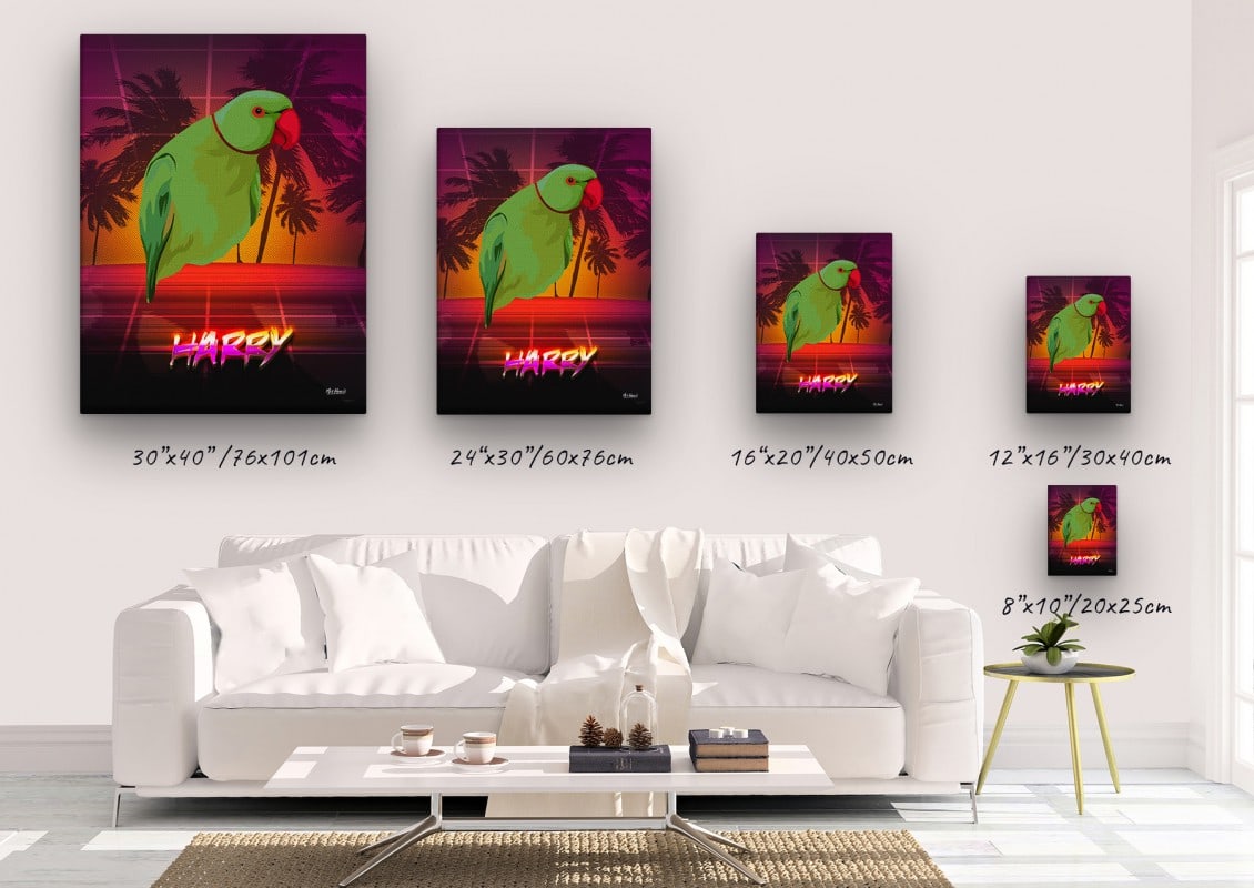 Custom Retro Arcade Style Bird Portrait - Pet illustration from photo - California Canvas 23 retro arcade pet portrait illustrations bird california canvas size comparison