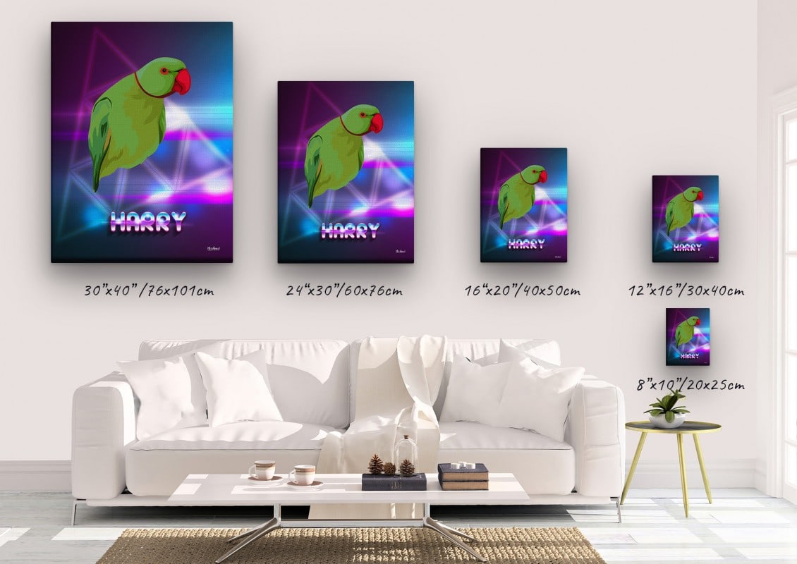 Custom Retro Arcade Style Bird Portrait - Pet illustration from photo - Fever Canvas 23 retro arcade pet portrait illustrations bird fever canvas size comparison