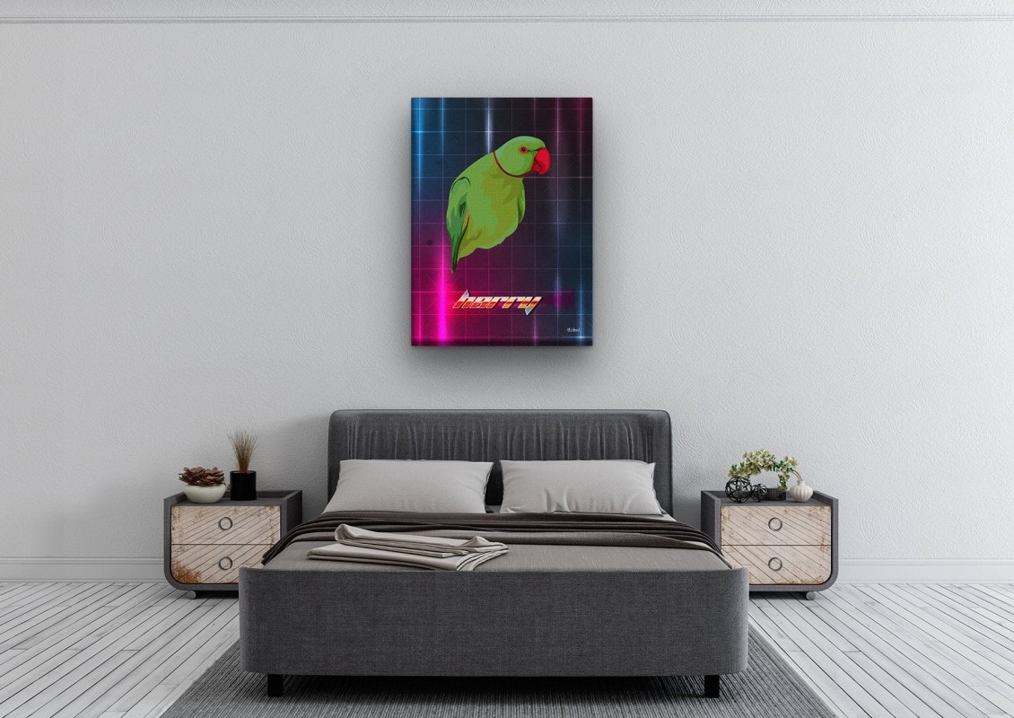 Custom Retro Arcade Style Bird Portrait - Pet illustration from photo - Hyperspeed Canvas 24 retro arcade pet portrait illustrations bird hyperspeed bedroom