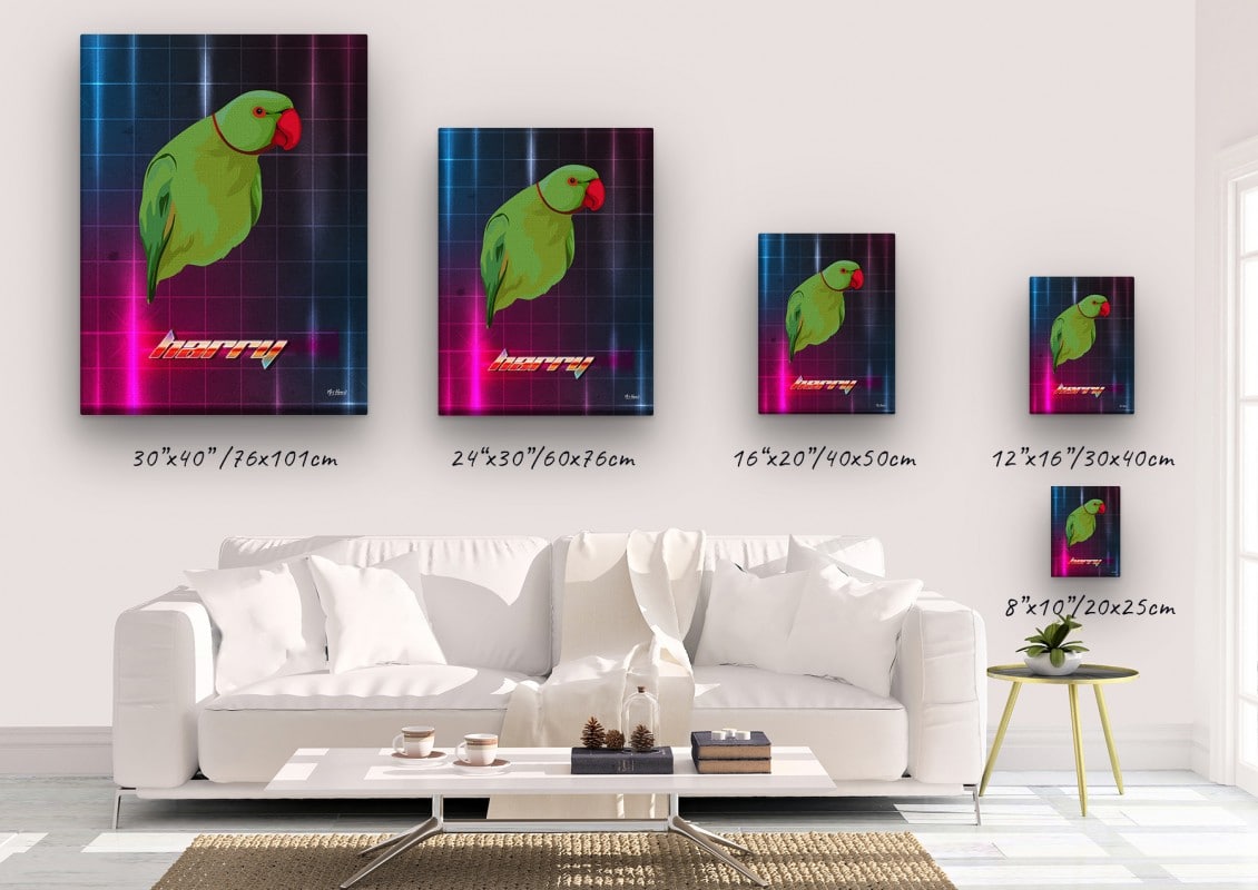 Custom Retro Arcade Style Bird Portrait - Pet illustration from photo - Hyperspeed Canvas 23 retro arcade pet portrait illustrations bird hyperspeed canvas size comparison