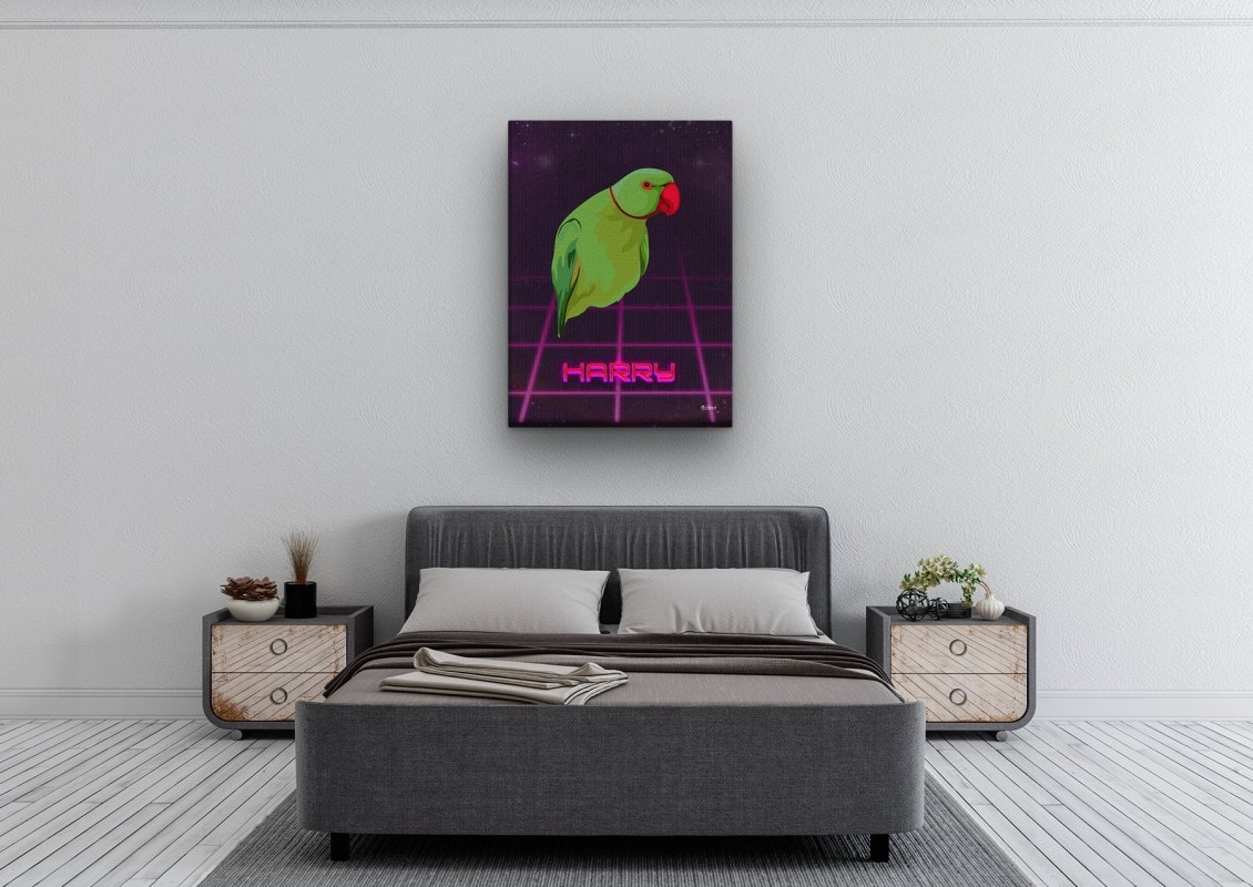 Custom Retro Arcade Style Bird Portrait - Pet illustration from photo - Invaders Canvas 24 retro arcade pet portrait illustrations bird invaders bedroom