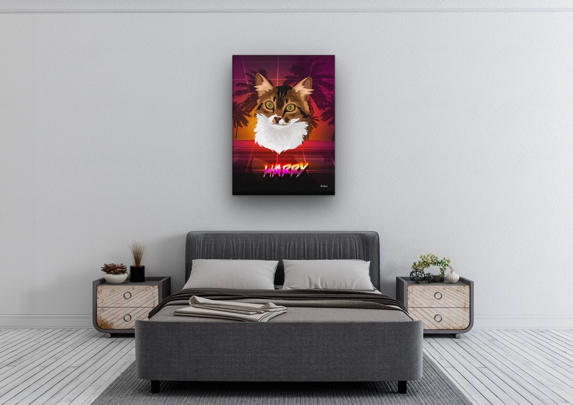 Custom Retro Arcade Style Cat Portrait - Pet illustration from photo - California Canvas 24 retro arcade pet portrait illustrations cat california bedroom