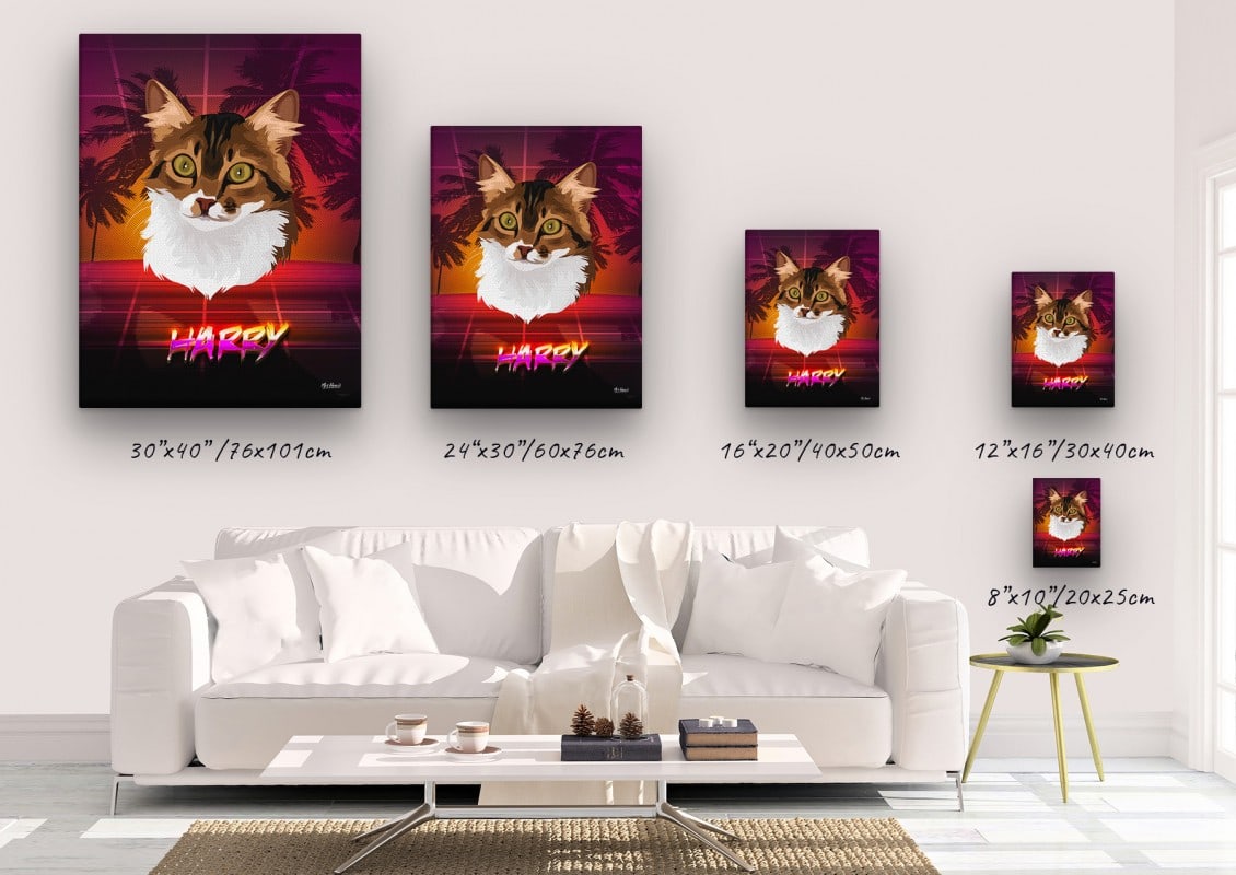 Custom Retro Arcade Style Cat Portrait - Pet illustration from photo - California Canvas 23 retro arcade pet portrait illustrations cat california canvas size comparison