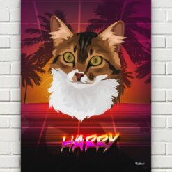 Custom Retro Arcade Style Cat Portrait - Pet illustration from photo - California Canvas 17 retro arcade pet portrait illustrations cat california front view white bricks