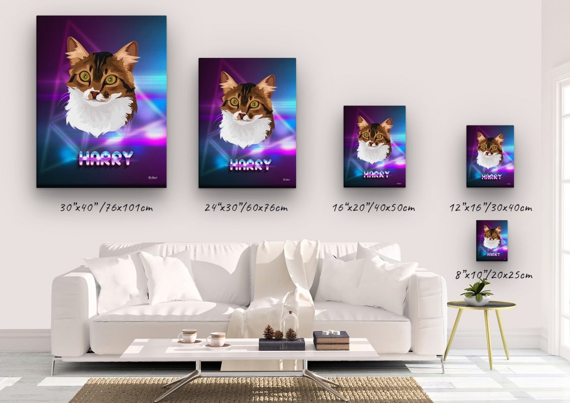 retro arcade pet portrait illustrations cat fever canvas size comparison