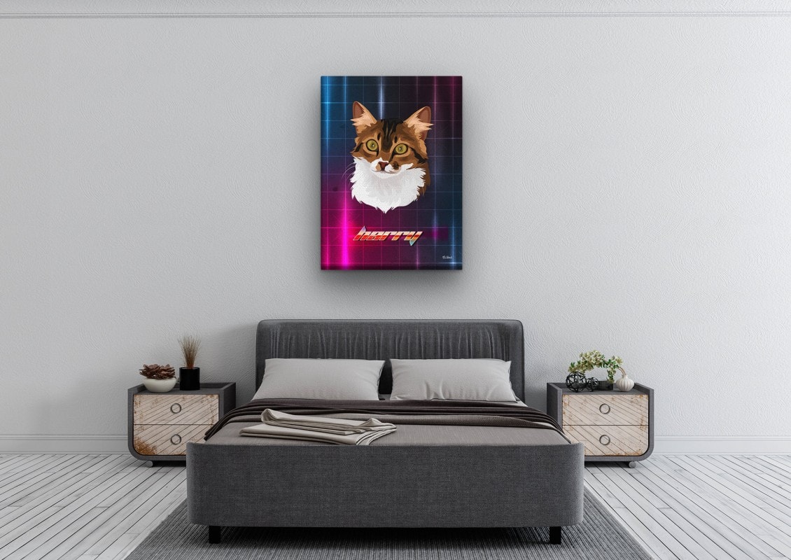 Custom Retro Arcade Style Cat Portrait - Pet illustration from photo - Hyperspeed Canvas 24 retro arcade pet portrait illustrations cat hyperspeed bedroom
