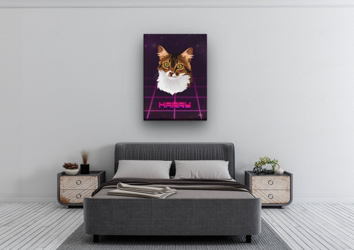 Custom Retro Arcade Style Cat Portrait - Pet illustration from photo - Invaders Canvas 24 retro arcade pet portrait illustrations cat invaders bedroom