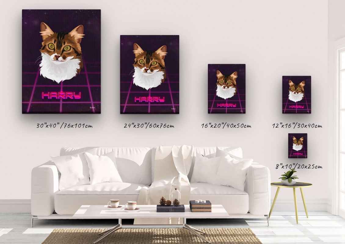 Custom Retro Arcade Style Cat Portrait - Pet illustration from photo - Invaders Canvas 23 retro arcade pet portrait illustrations cat invaders canvas size comparison