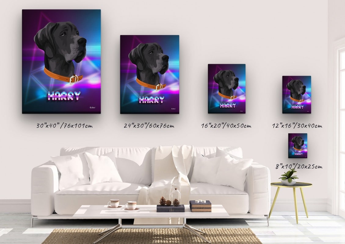 Custom Retro Arcade Style Dog Portrait - Pet illustration from photo - Fever Canvas 23 retro arcade pet portrait illustrations dog fever canvas size comparison