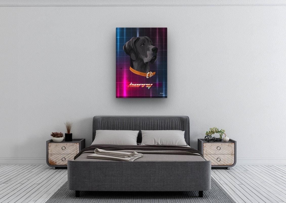 Custom Retro Arcade Style Dog Portrait - Pet illustration from photo - Hyperspeed Canvas 24 retro arcade pet portrait illustrations dog hyperspeed bedroom