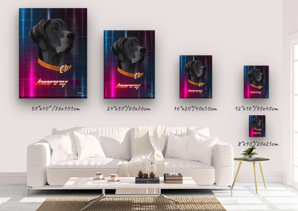 Custom Retro Arcade Style Dog Portrait - Pet illustration from photo - Hyperspeed Canvas 23 retro arcade pet portrait illustrations dog hyperspeed canvas size comparison
