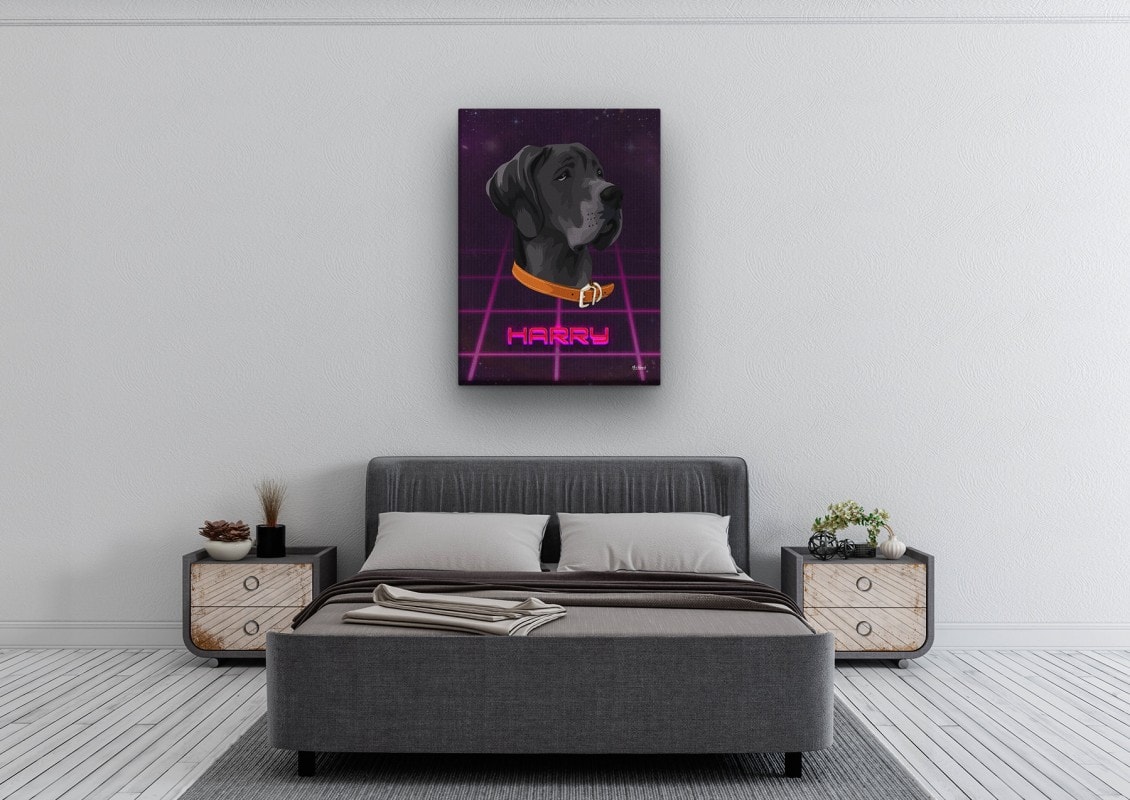 retro arcade pet portrait illustrations dog invaders bedroom
