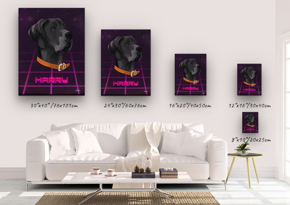 retro arcade pet portrait illustrations dog invaders canvas size comparison