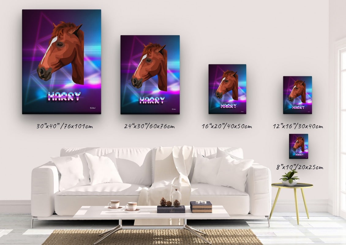 Custom Retro Arcade Style Horse Portrait - Pet illustration from photo - Fever Canvas 23 retro arcade pet portrait illustrations horse fever canvas size comparison