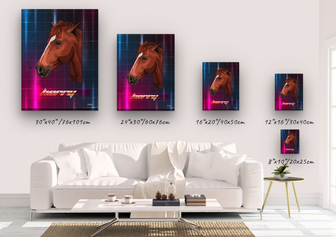 Custom Retro Arcade Style Horse Portrait - Pet illustration from photo - Hyperspeed Canvas 23 retro arcade pet portrait illustrations horse hyperspeed canvas size comparison