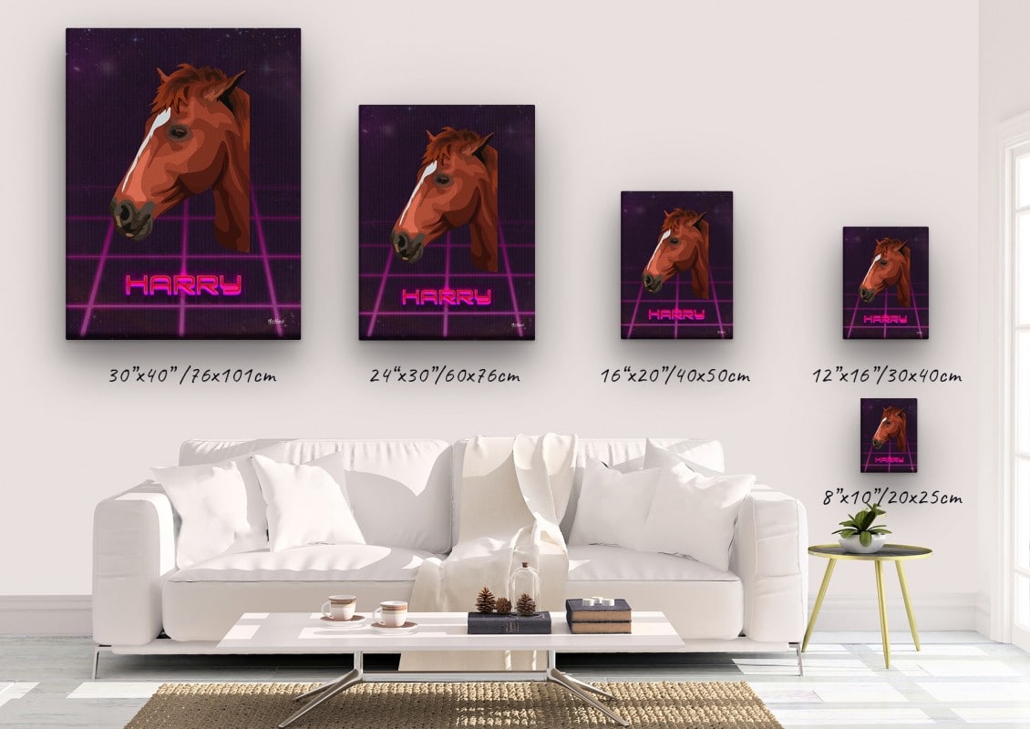 Custom Retro Arcade Style Horse Portrait - Pet illustration from photo - Invaders Canvas 23 retro arcade pet portrait illustrations horse invaders canvas size comparison