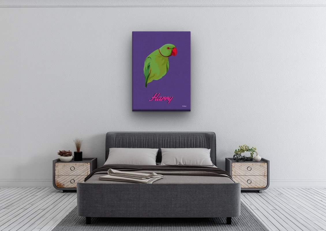 retro pet portrait illustrations bird deep purple bedroom