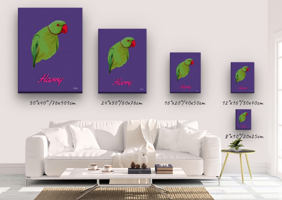 retro pet portrait illustrations bird deep purple canvas size comparison