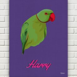 retro pet portrait illustrations bird deep purple front view white bricks