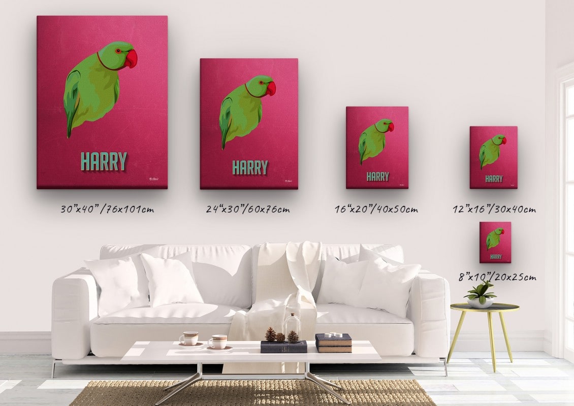 Custom Mid Century Retro Style Bird Portrait - Pet illustration from photo - Vintage Teal Canvas 23 retro pet portrait illustrations bird vintage teal canvas size comparison