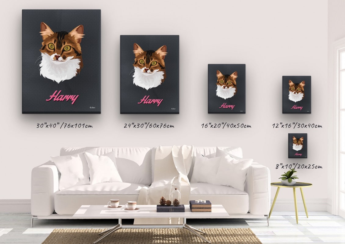 retro pet portrait illustrations cat bubblegum canvas size comparison