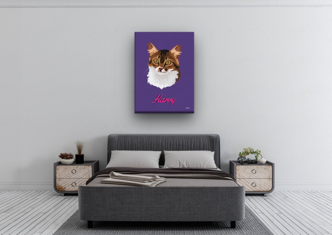 Custom Mid Century Retro Style Cat Portrait - Pet illustration from photo - Deep Purple Canvas 24 retro pet portrait illustrations cat deep purple bedroom