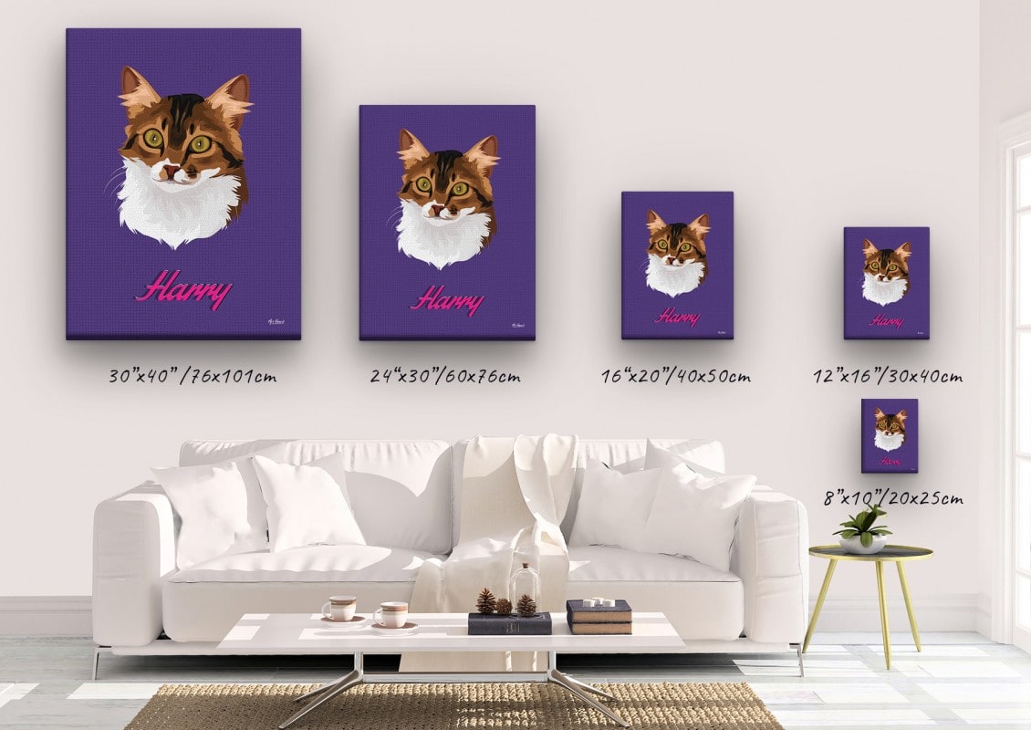 Custom Mid Century Retro Style Cat Portrait - Pet illustration from photo - Deep Purple Canvas 23 retro pet portrait illustrations cat deep purple canvas size comparison