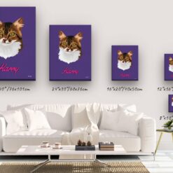 Custom Mid Century Retro Style Cat Portrait - Pet illustration from photo - Deep Purple Canvas 14 retro pet portrait illustrations cat deep purple canvas size comparison