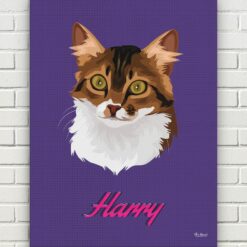 Custom Mid Century Retro Style Cat Portrait - Pet illustration from photo - Deep Purple Canvas 17 retro pet portrait illustrations cat deep purple front view white bricks
