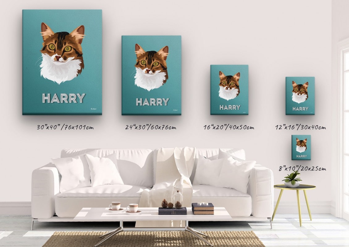 Custom Mid Century Retro Style Cat Portrait - Pet illustration from photo - Mint Art Deco Canvas 23 retro pet portrait illustrations cat mint art deco canvas size comparison