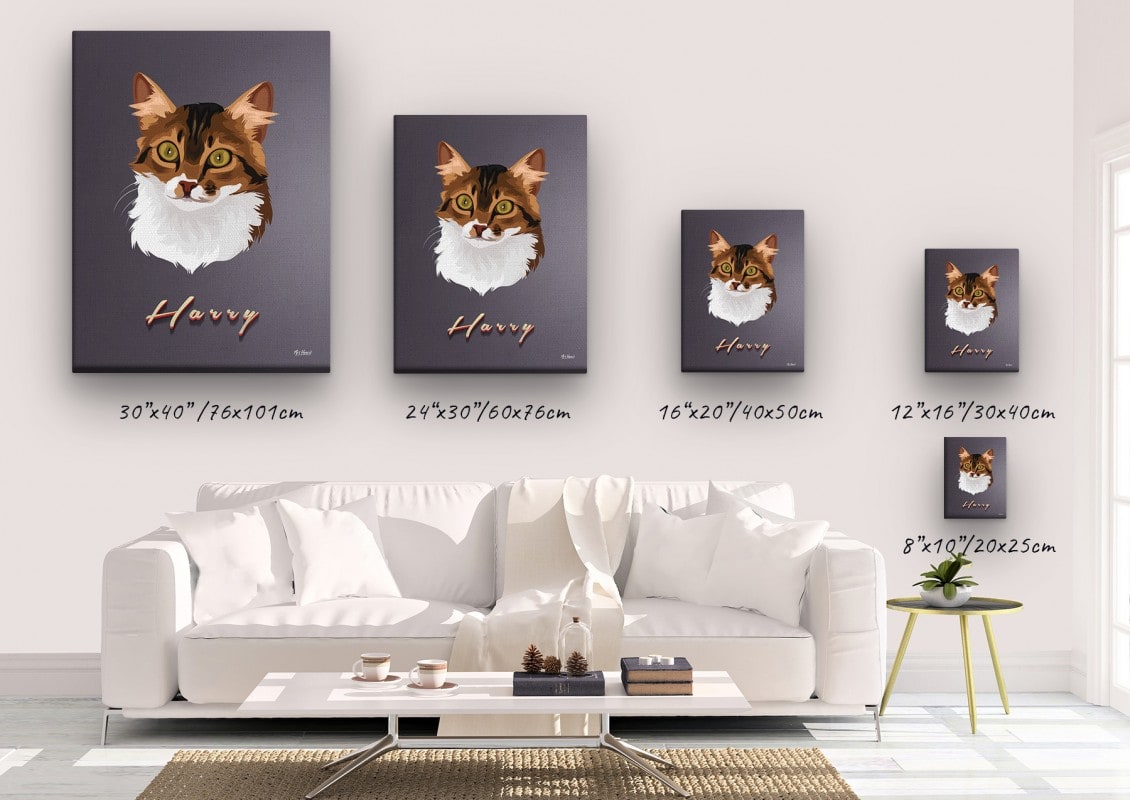 Custom Mid Century Retro Style Cat Portrait - Pet illustration from photo - Night Script Canvas 21 retro pet portrait illustrations cat night script canvas size comparison
