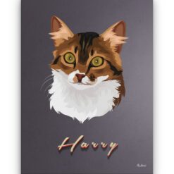 Custom Mid Century Retro Style Cat Portrait - Pet illustration from photo - Night Script Canvas 16 retro pet portrait illustrations cat night script front view white