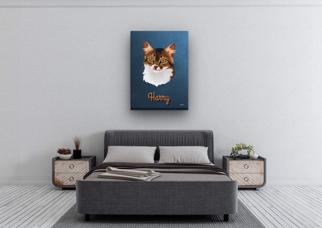 Custom Mid Century Retro Style Cat Portrait - Pet illustration from photo - Rustic Blue Canvas 24 retro pet portrait illustrations cat rustic blue bedroom