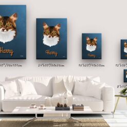 Custom Mid Century Retro Style Cat Portrait - Pet illustration from photo - Rustic Blue Canvas 14 retro pet portrait illustrations cat rustic blue canvas size comparison