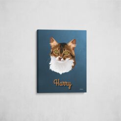 Custom Mid Century Retro Style Cat Portrait - Pet illustration from photo - Rustic Blue Canvas 16 retro pet portrait illustrations cat rustic blue front view angled wall