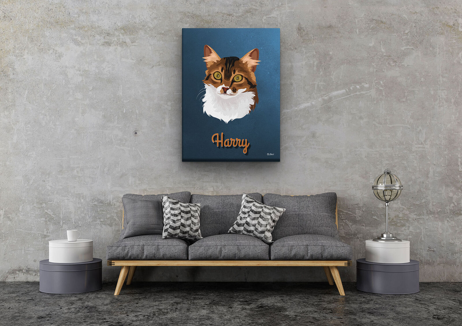 Custom Mid Century Retro Style Cat Portrait - Pet illustration from photo - Rustic Blue Canvas 11 Custom Mid Century Retro Style Cat Portrait - Pet illustration from photo - Rustic Blue Canvas - Image 9