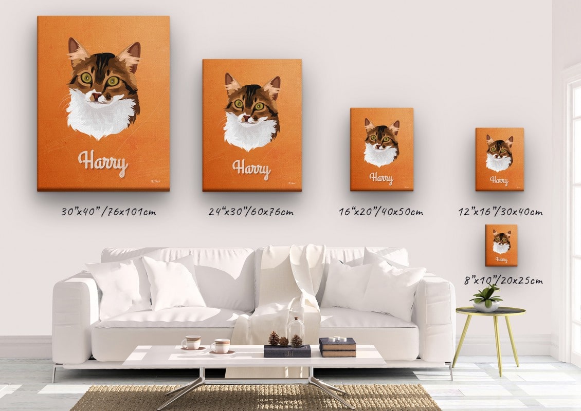 Custom Mid Century Retro Style Cat Portrait - Pet illustration from photo - Sand And Stone Canvas 23 retro pet portrait illustrations cat sand and stone canvas size comparison