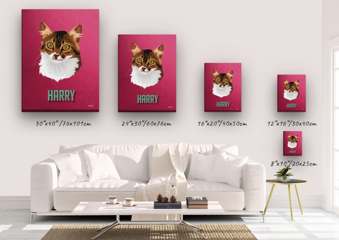 Custom Mid Century Retro Style Cat Portrait - Pet illustration from photo - Vintage Teal Canvas 23 retro pet portrait illustrations cat vintage teal canvas size comparison
