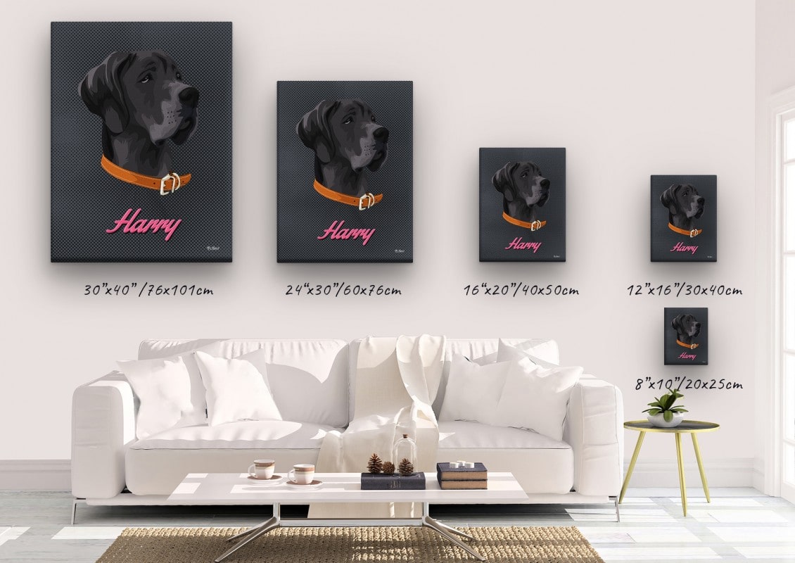 Custom Mid Century Retro Style Dog Portrait - Pet illustration from photo - Bubblegum Canvas 23 retro pet portrait illustrations dog bubblegum canvas size comparison