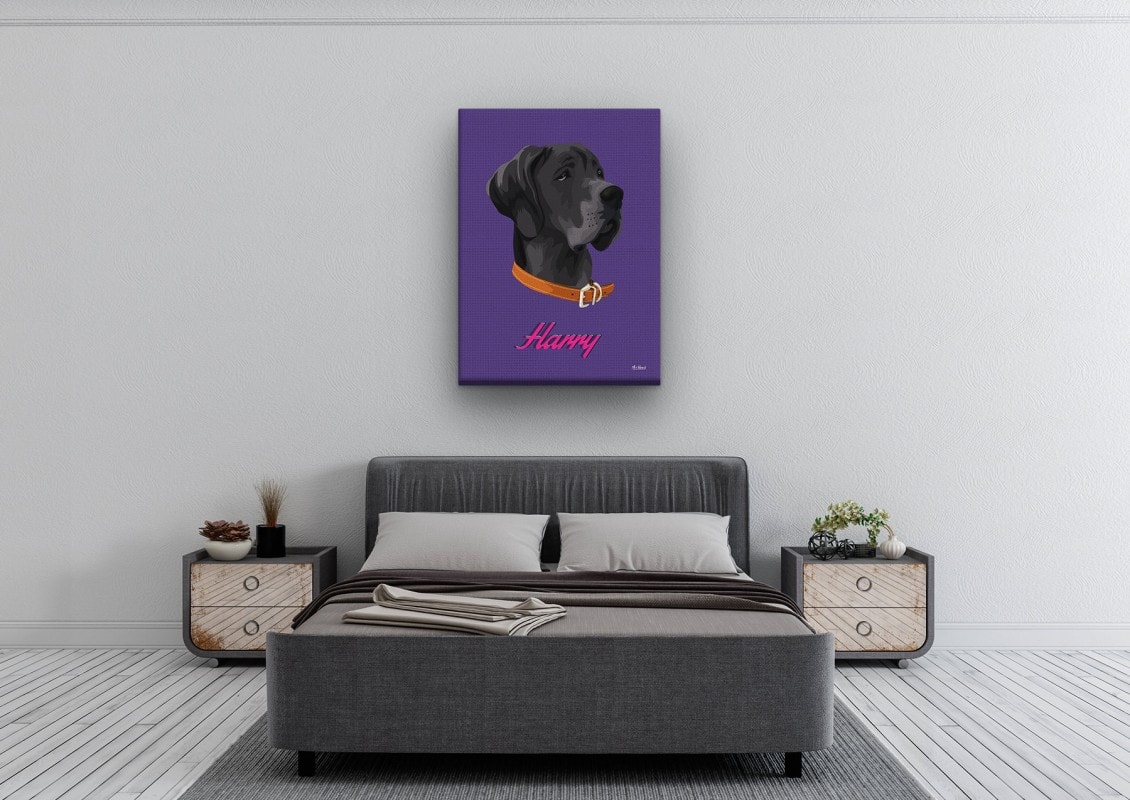 retro pet portrait illustrations dog deep purple bedroom