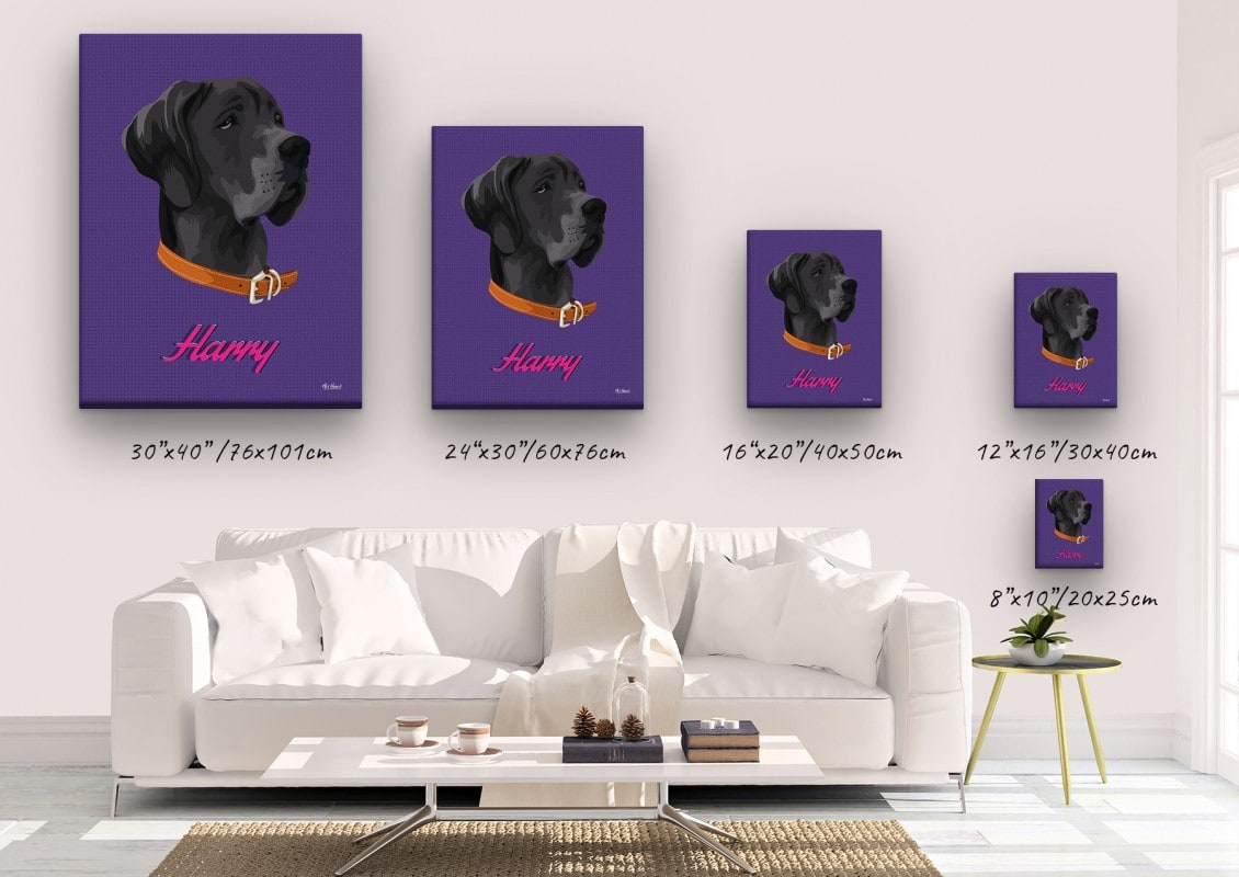retro pet portrait illustrations dog deep purple canvas size comparison